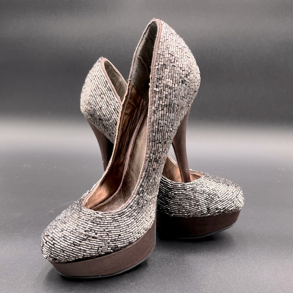 ZIGI NY grey satin lower platform with beaded upper closed round toe heels